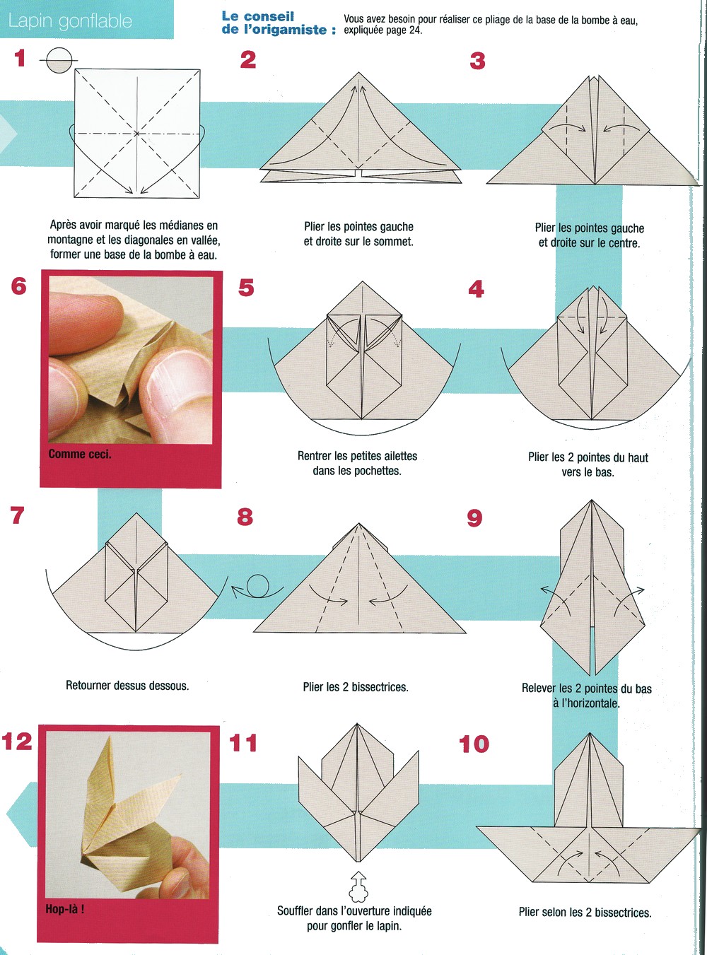 Feuille expliquand l'origami d'un lapin
