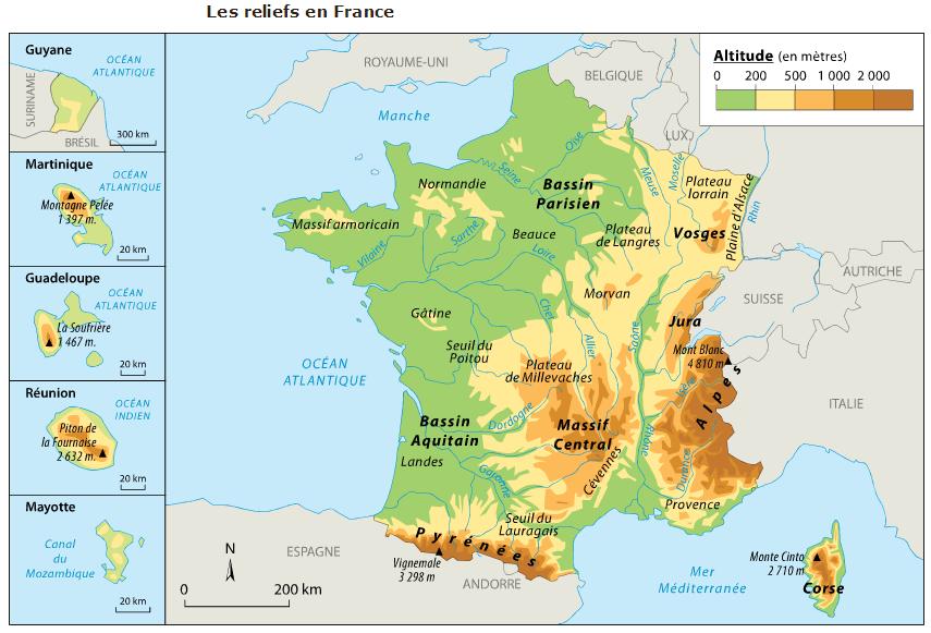 Carte avec les reliefs de la France