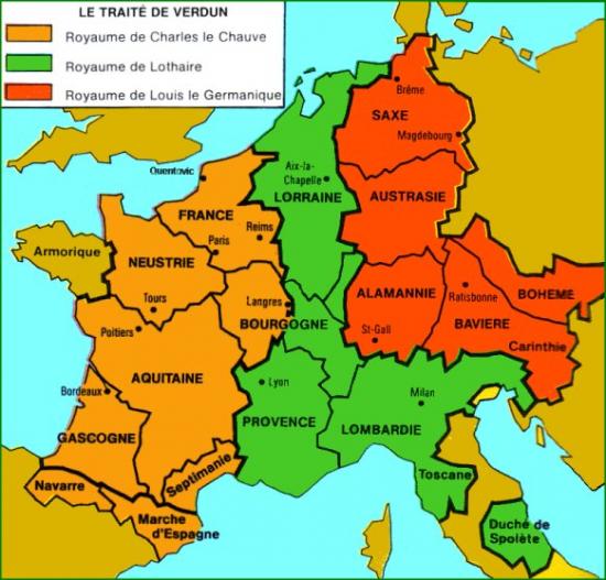 Carte du partage avec le traité de Verdun
